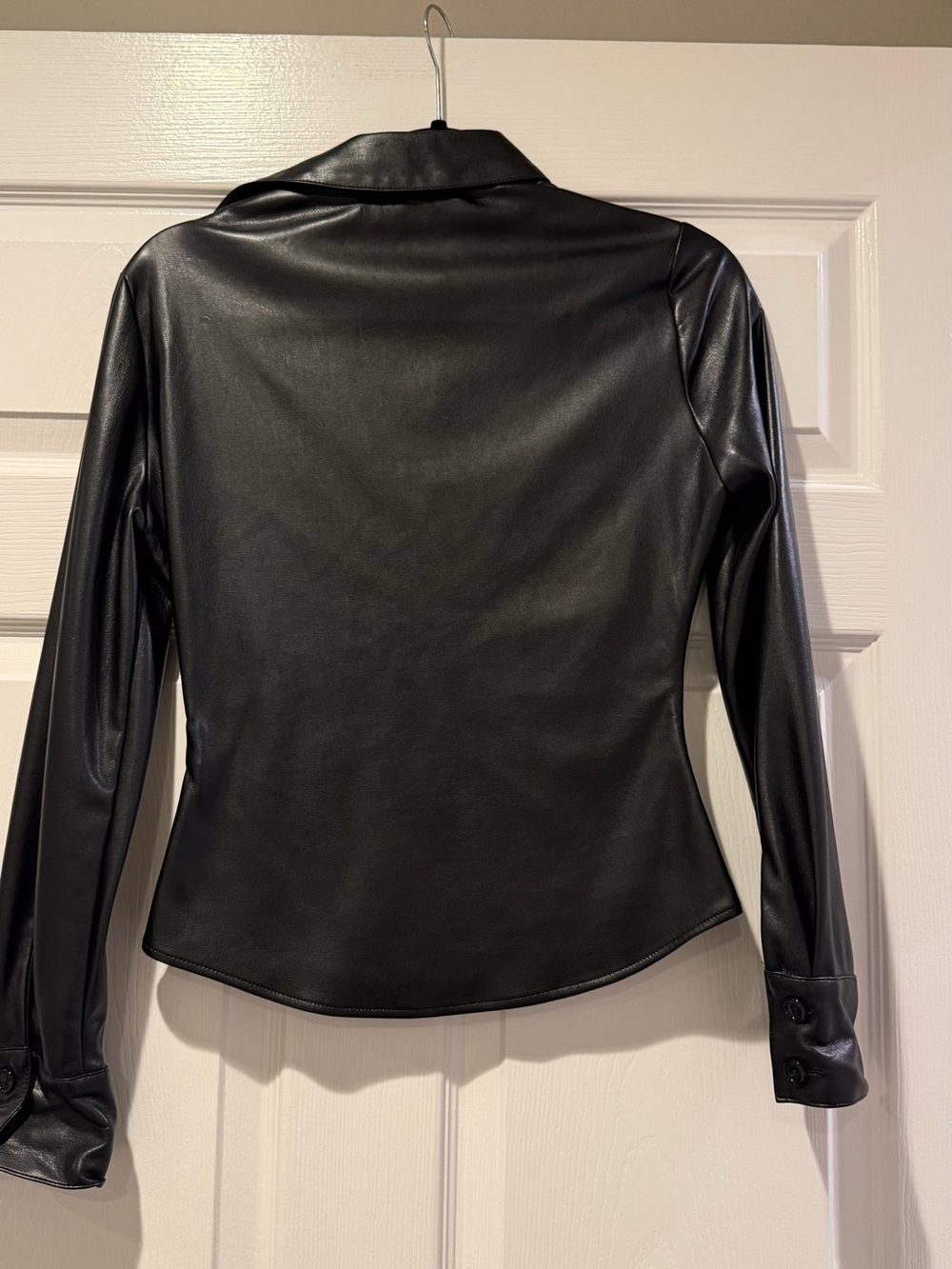 Zara Black Faux Leather Button-Up Shirt with Point Collar Size XS - Picture 3 of 7